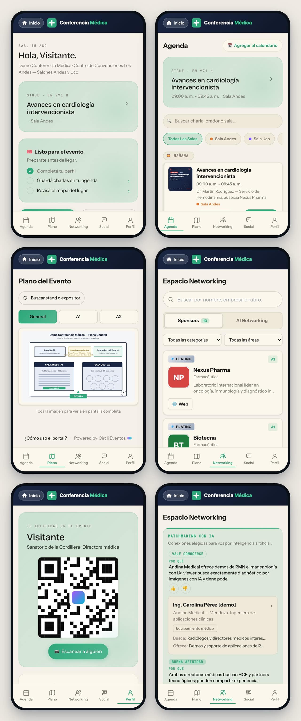 Pantallas reales del portal del evento Circli: agenda, networking, mapa del venue y check-in