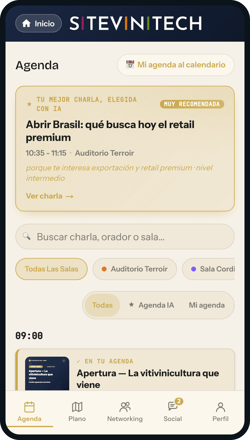 Portal del asistente de Circli: la agenda del evento en vivo en el teléfono