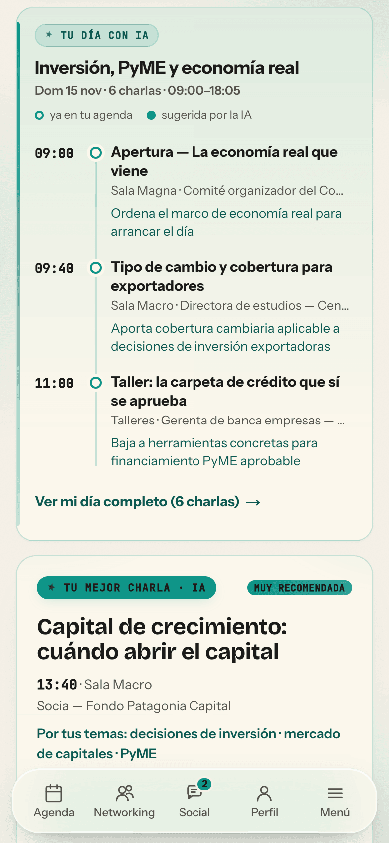 El plan del día que arma la IA y la charla que más le conviene, con el porqué.