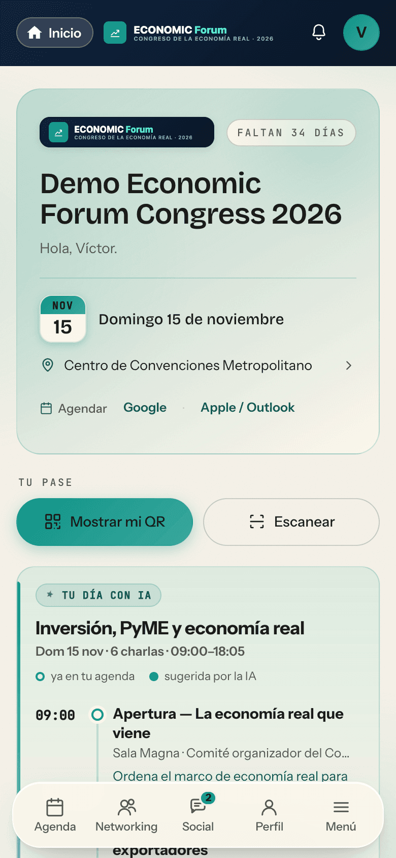 El inicio del portal: el evento, el pase y el plan del día.