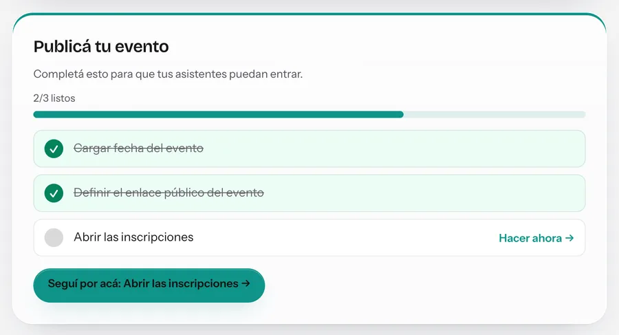 Panel del organizador: la lista para publicar el evento y abrir las inscripciones
